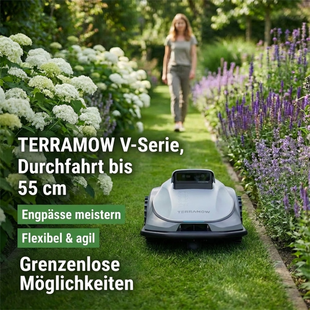 TerraMow Mähroboter fährt durch einen schmalen Rasenweg zwischen Blumenbeeten