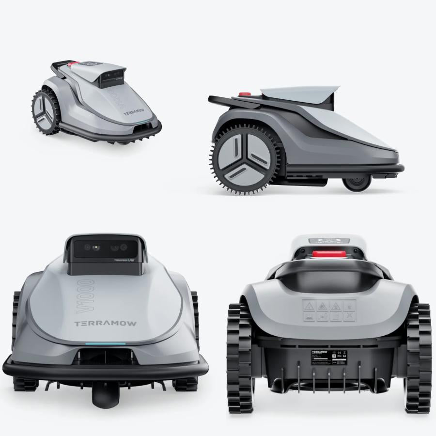 TerraMow V1000 aus vier Blickwinkeln: vorne, seitlich, von oben und hinten